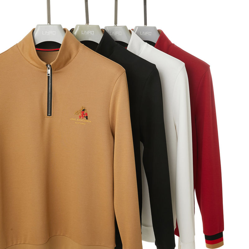 เสื้อยืดโปโลชาย 100% ผ้าใบ แขนเต็ม โลโก้ตามสั่ง สแตนด์คอ ความยาวปกติ