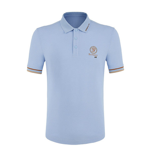 เสื้อโปโลสีสีฟ้าสําหรับผู้ชาย มีโลโก้ขีดขีด และผ้าปูนที่สามารถหายใจได้