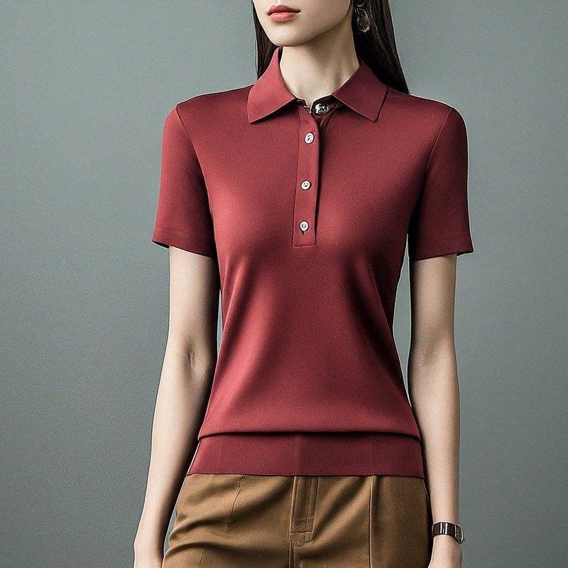 เสื้อยืดโปโล ผู้หญิงสั้นสleeve สีเรียบ anti-wrinkle OEM ODM