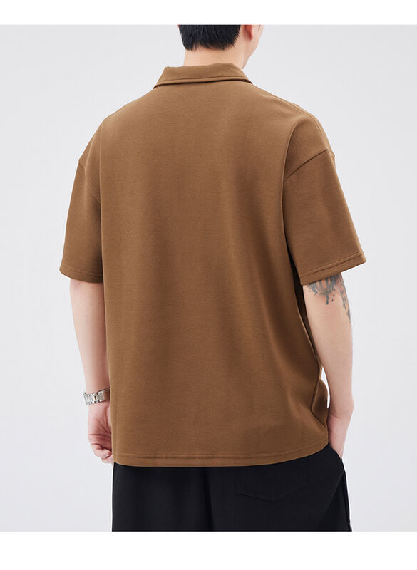 เสื้อโปโลแขนสั้นปกสีกั๊กปักลายตัวอักษรผ้าคอตตอนสไตล์ลำลองสำหรับผู้ชาย